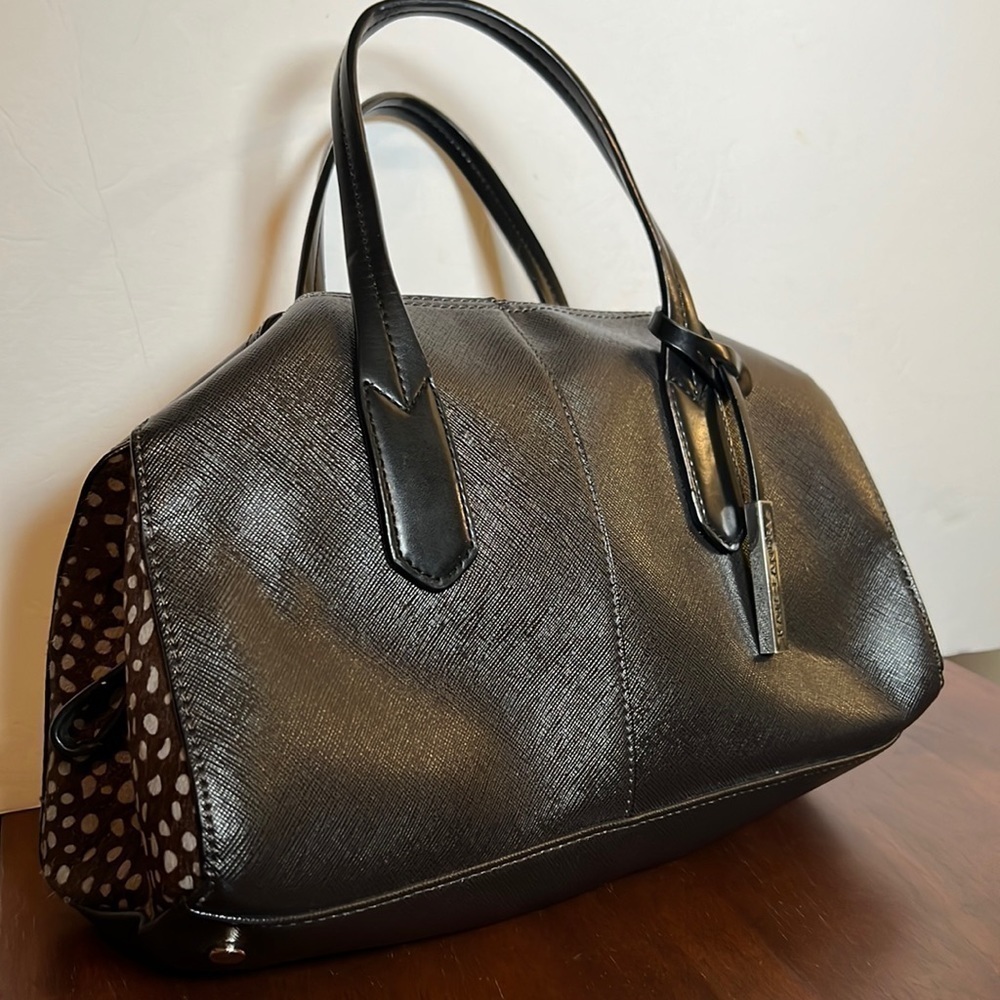 Kate Landry black leather blend and animal print handbag zip close